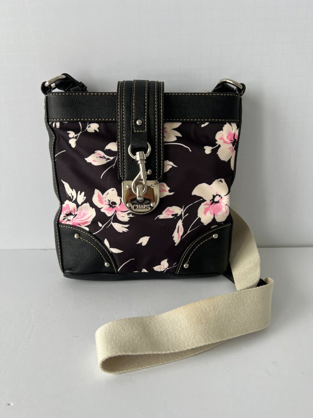 Chaps Crossbody Bag, Black, White and Pink Floral, EC